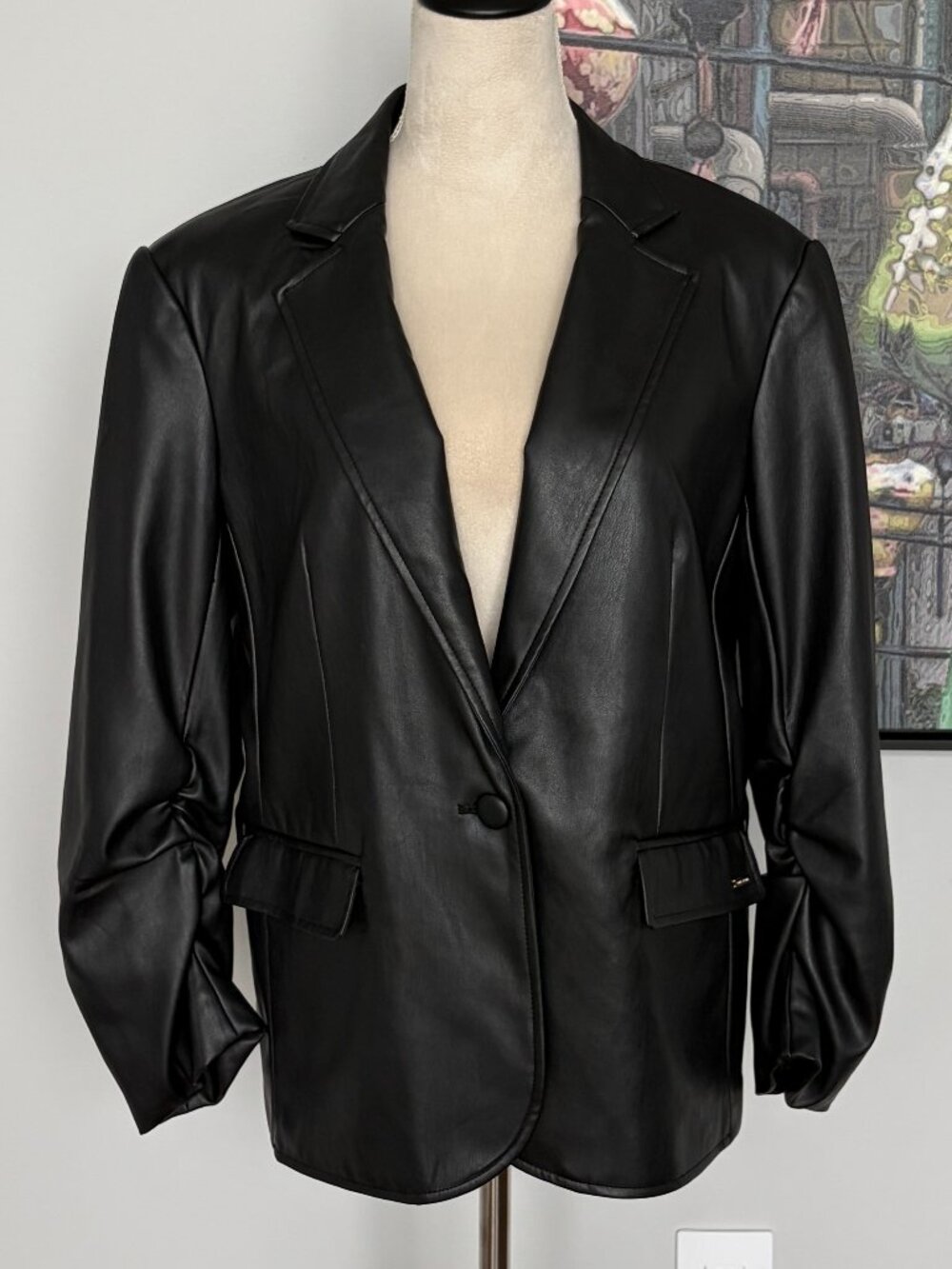 Anne Klein Black Faux Leather Blazer L